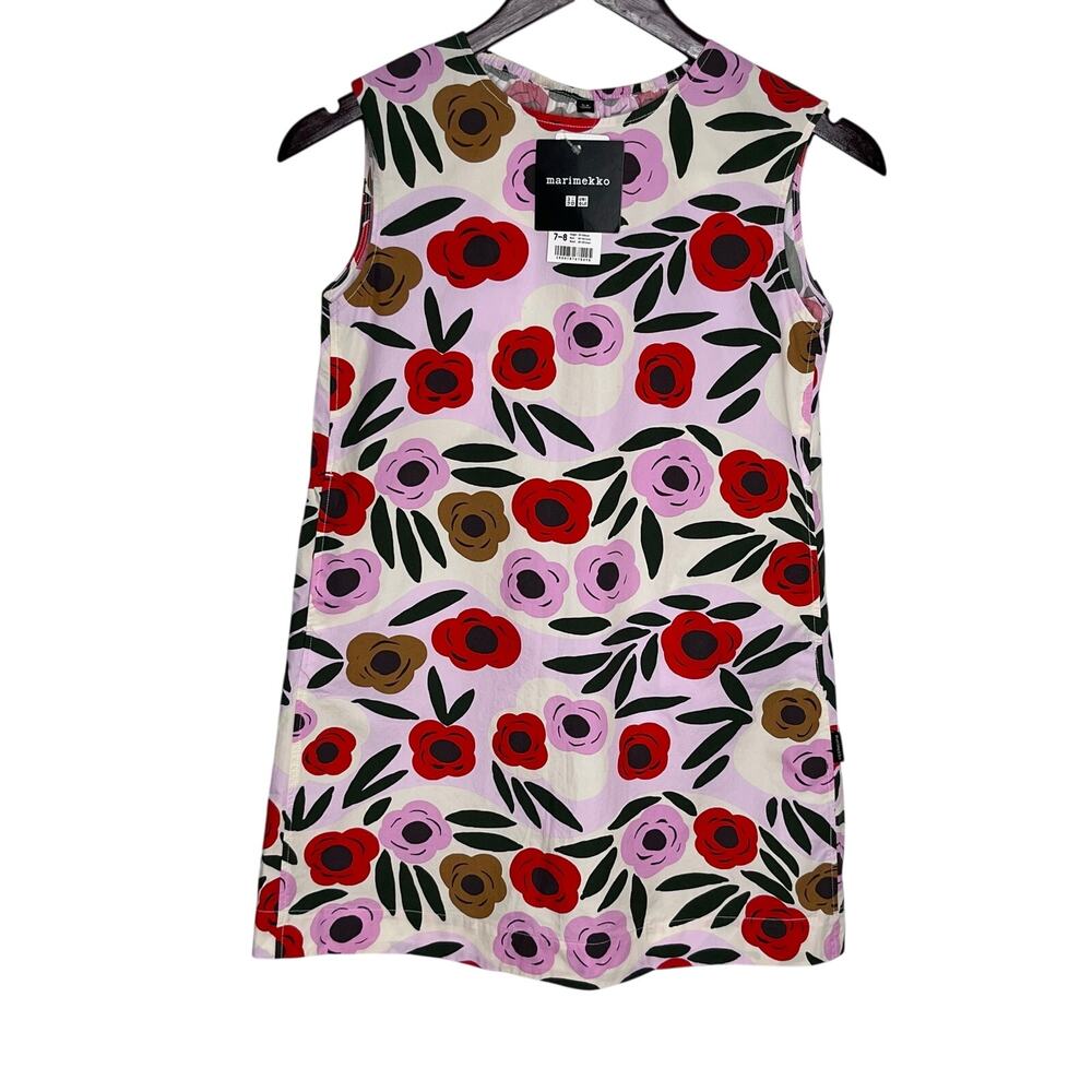NWT Uniqlo x Marimekko Girls Floral Sleeveless Dress Pink Cotton Size 7-8